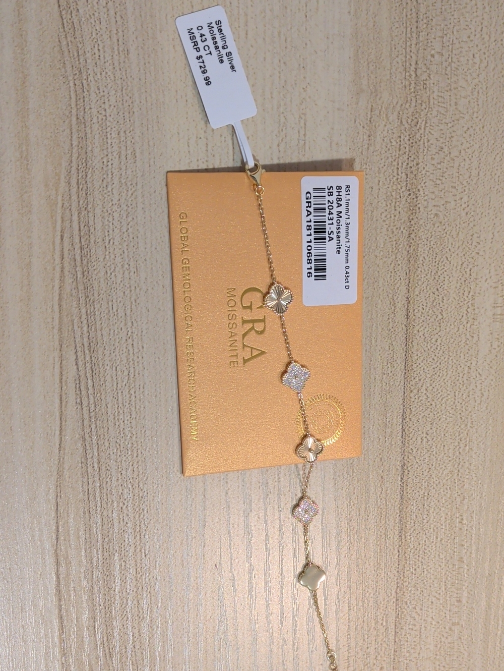 Retail $730 Sterling Silver Moissanite Clover Golden Bracelet